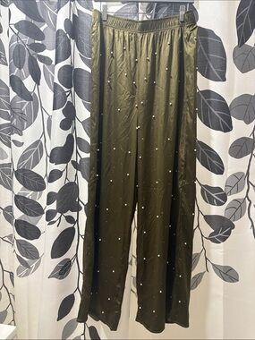 Haute Monde Olive Green Wide Leg Pants with Pearl Embellishments